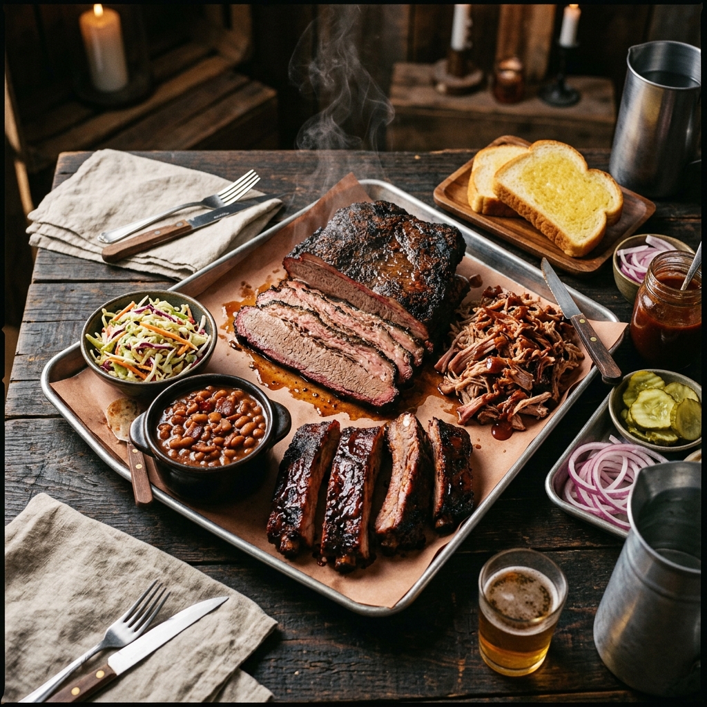 Smoked BBQ meats including brisket, ribs, and pulled pork