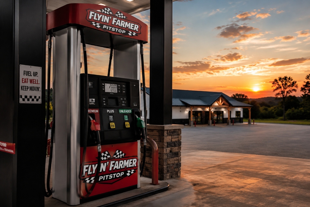Premium fuel pumps under modern LED canopy